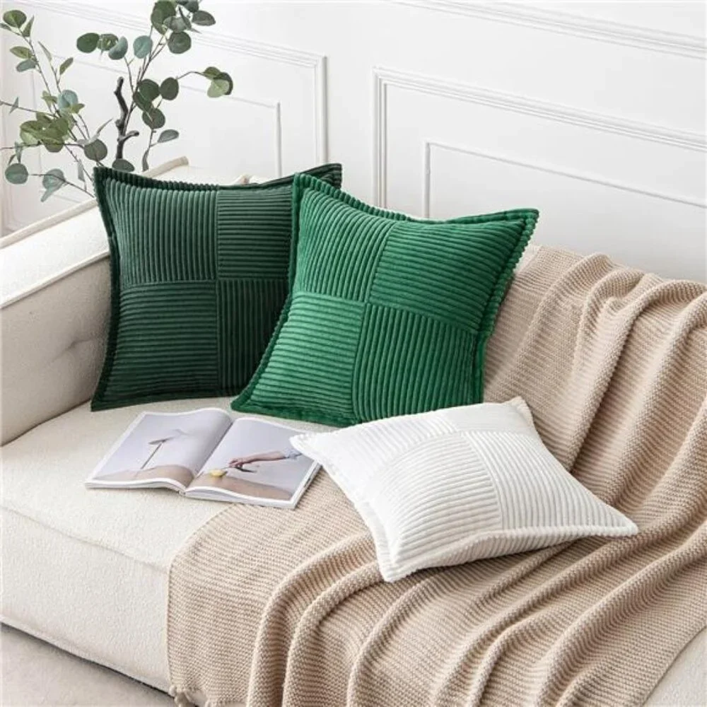 Set of 2 Dark Green Corduroy Pillow Covers,Boho Striped Decorative Cushion 18x18